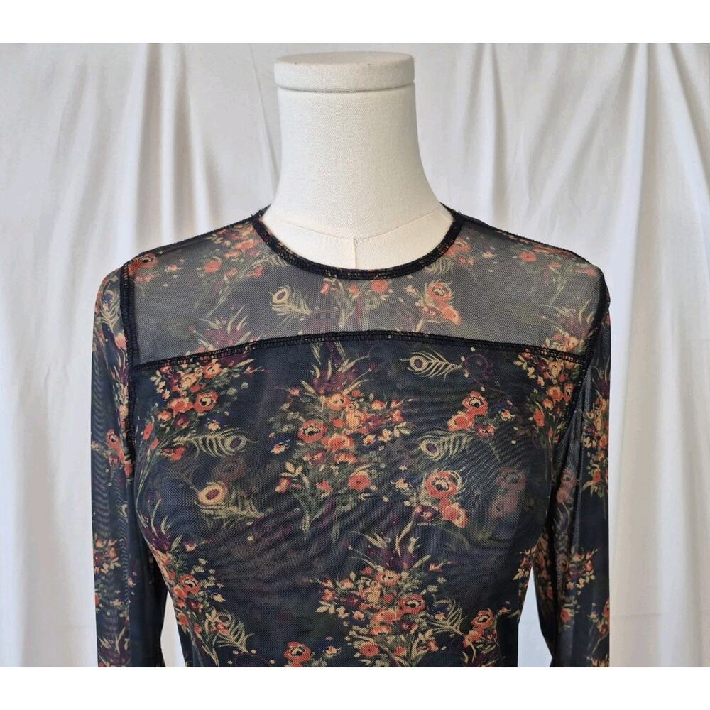 Natural Life Womens Black Floral Sloane Mesh Long Sleeve Top Small - Picture 3 of 9